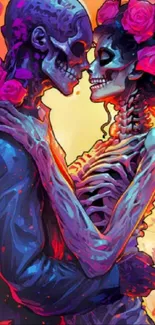 Artistic skeleton couple embracing amid vibrant colors and pink roses.