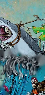 Shark-riding skeleton comic art wallpaper in turquoise theme.