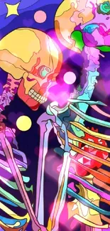 Colorful skeletons on a vibrant background with psychedelic art.