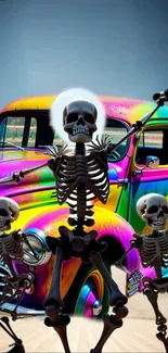 Colorful skeletons with a vibrant retro car integrating psychedelic hues.