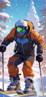 Skier in orange gear racing through snowy landscape with vibrant sky.