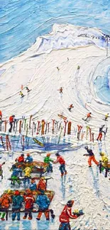 Colorful ski resort scene with snow and vibrant skiers.