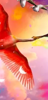 Colorful bird in vibrant sky wallpaper with dynamic feathers.