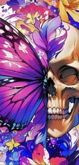 Vibrant skull with butterfly and flowers wallpaper.