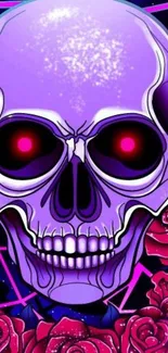 Purple skull with glowing red eyes and roses wallpaper.