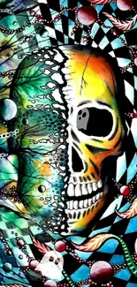 Vibrant skull abstract wallpaper with colorful patterns and intricate designs.