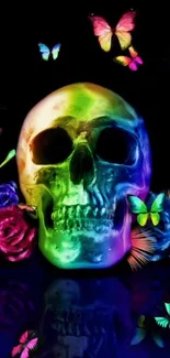 Colorful skull with butterflies and flowers on black background.