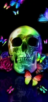 Colorful neon skull with butterflies on dark background.