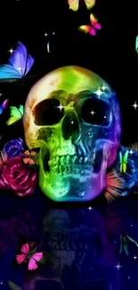 Vibrant skull with butterflies and roses on dark background.