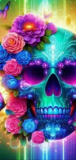 Vibrant skull surrounded by colorful flowers and butterflies.