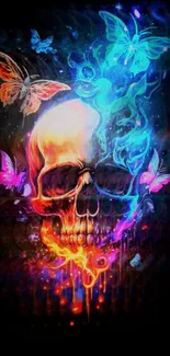 Vibrant skull with butterflies on a dark background mobile wallpaper.