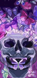 Vibrant skull with butterflies in purple hues.