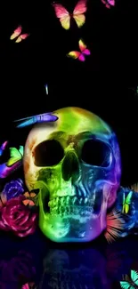 Colorful skull and butterflies on black background.