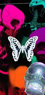 Vivid skulls and butterfly digital wallpaper with neon hues.