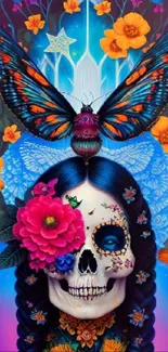 Colorful skull with flowers and butterfly art design