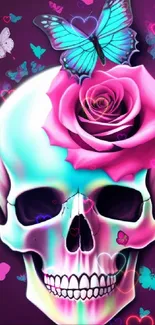 Neon skull with a pink rose and butterflies on a bright purple background.