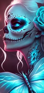 A vibrant sugar skull woman with a cyan butterfly glowing in the dark.