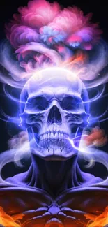 Neon skull with swirling flames and mystical smoke.