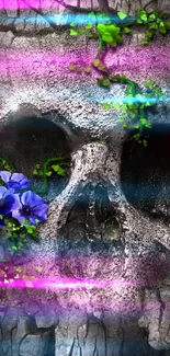 Skull with purple flowers and neon accents on stone texture.