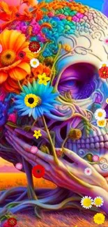 Vibrant skull with colorful flowers in surreal style.