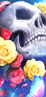 Blue skull with colorful roses and butterflies wallpaper.