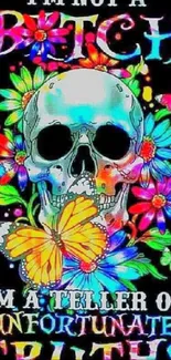 Colorful skull with flowers and text on black background.