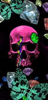 Vibrant skull with gems and butterflies mobile wallpaper.