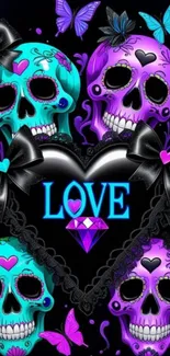 Colorful skull and love themed mobile wallpaper.