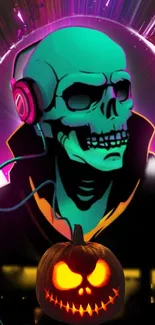 Neon skull with headphones and glowing pumpkin art on mobile wallpaper.