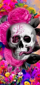 Vibrant skull with pink roses wallpaper art.