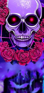 Purple skull with red roses in neon art style on dark background.