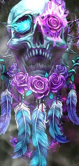 Vivid skull with purple roses and feathers art wallpaper.