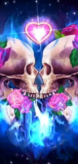 Two skulls with roses and blue flames in artistic wallpaper design.