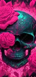 Neon skull with pink roses mobile wallpaper.