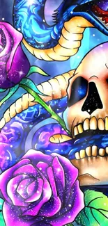 Vivid skull with snake and roses wallpaper design.