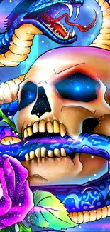 Vibrant skull, snake, and roses in colorful digital art