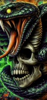 Skull and snake digital art wallpaper with vivid colors.