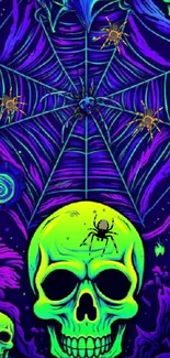 Neon skull and spider web wallpaper with vibrant colors.