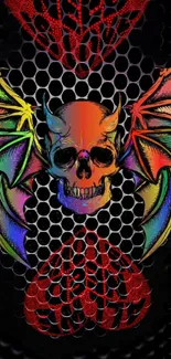 Colorful skull with wings over honeycomb pattern wallpaper.