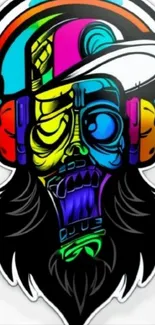 Colorful skull graphic with headphones on mobile wallpaper.