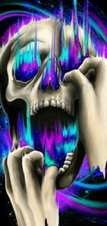 Vibrant neon skull art mobile wallpaper.