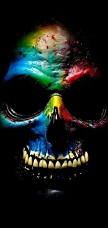 Vibrant multicolored skull artwork on black wallpaper.