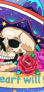 Colorful skull art with sombrero and roses on a blue background.