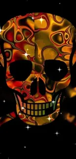 Vibrant skull pattern wallpaper with fiery abstract design and stars.