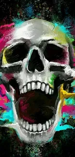 Artistic skull with colorful paint splash on a black background.