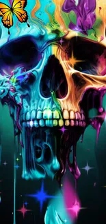 Vibrant skull art wallpaper with colorful splashes and butterfly.