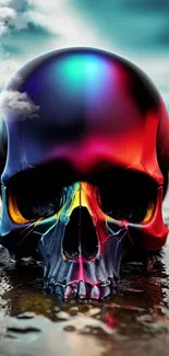 Colorful and vibrant skull art with rainbow hues reflecting on water.