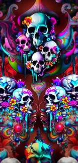 Vibrant skull art wallpaper with colorful flowers and intricate details.