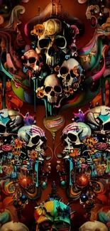 Vibrant skull art wallpaper with colorful gothic details.