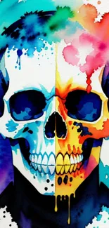 Vibrant skull art with colorful watercolor splashes.